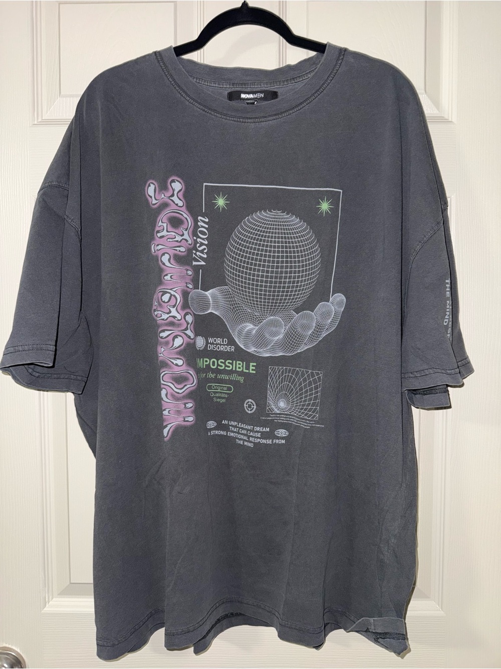 Fashion Nova Men's Gray Graphic Short Sleeve Tee with Pink and Green Accents